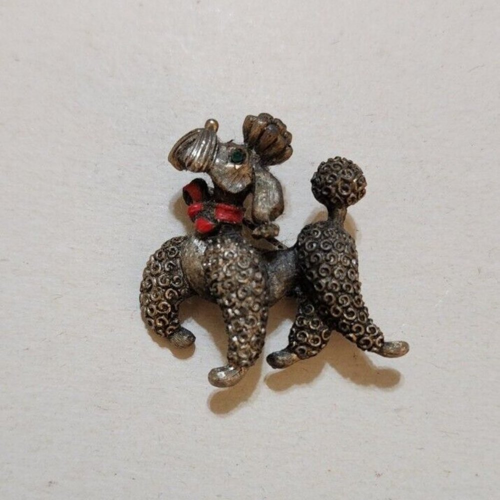 Vintage JJ Jonette Poodle Brooch w/ Rhinestone Eye Red Collar